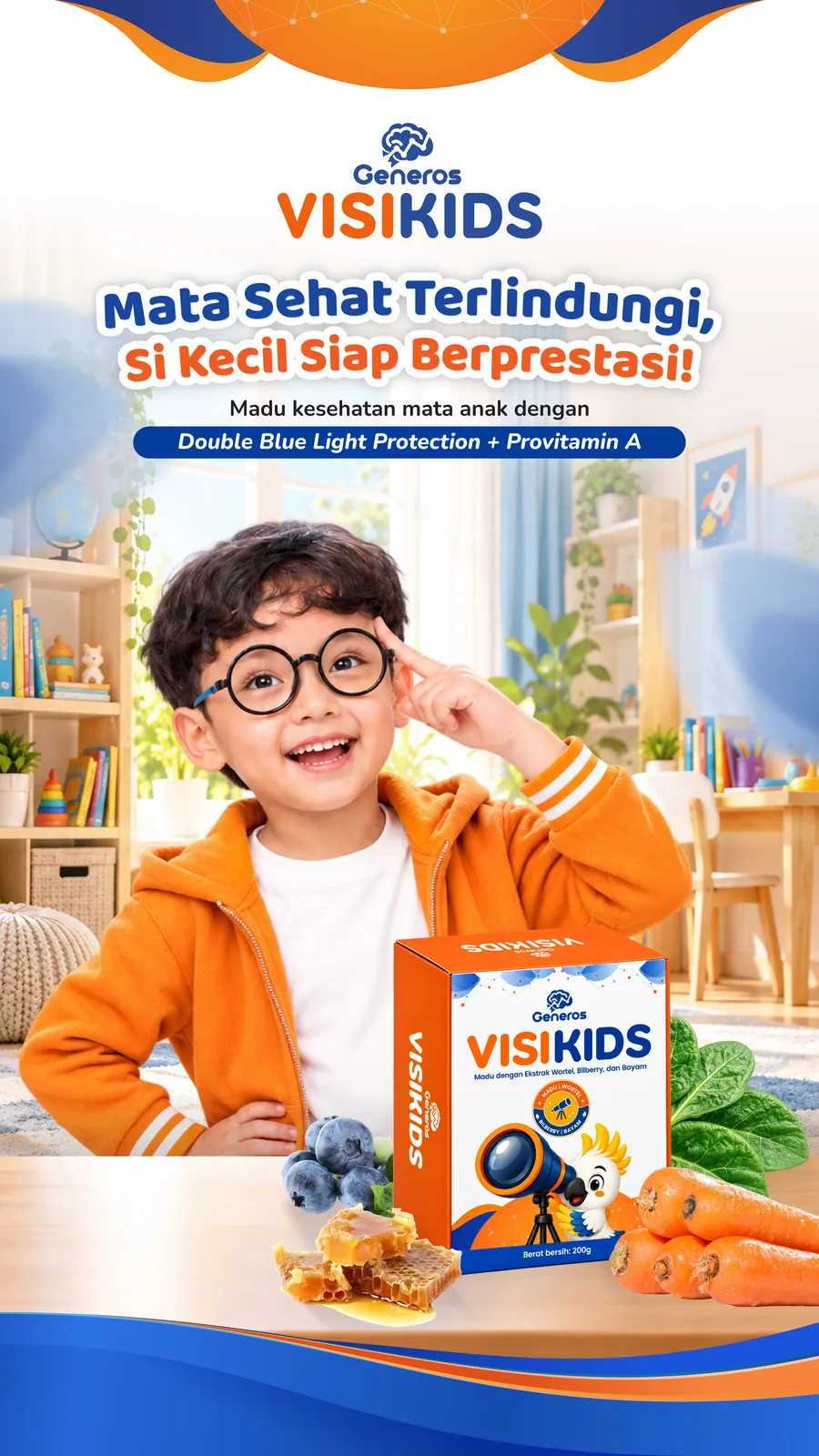 Generos VisiKids — mata sehat terlindungi dengan madu kesehatan mata anak.