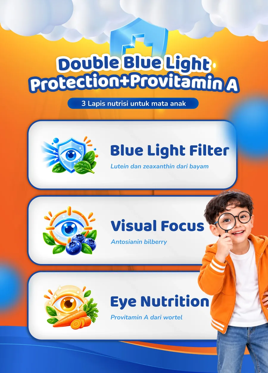 Double blue light protection: blue light filter dari lutein dan zeaxanthin bayam, visual focus dari antosianin bilberry, eye nutrition dari provitamin wortel.