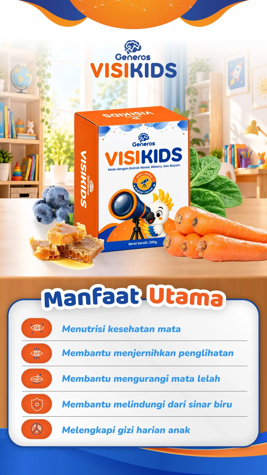 Generos VisiKids: madu dengan ekstrak wortel, bilberry, dan bayam, berat bersih 200 gram. Menutrisi kesehatan mata, membantu menjernihkan penglihatan, mengurangi mata lelah, melindungi dari sinar biru, melengkapi gizi harian anak.