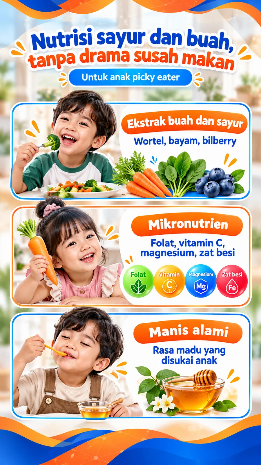Nutrisi sayur dan buah: wortel, bayam, bilberry, folat, vitamin C, magnesium, zat besi, dengan rasa madu yang disukai anak.