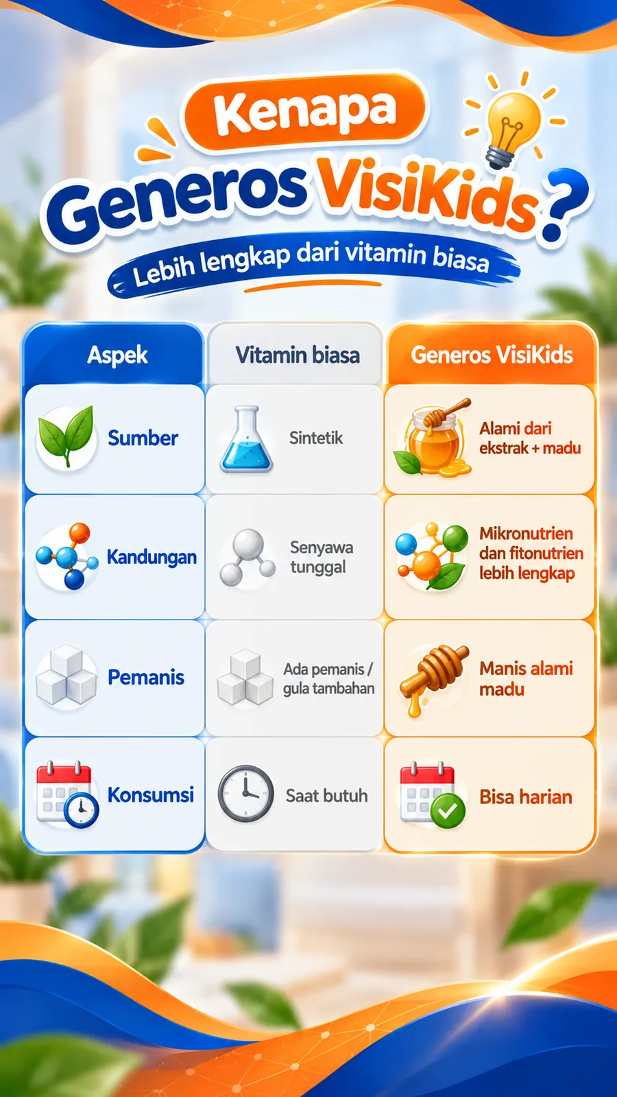 Kenapa Generos VisiKids lebih lengkap dari vitamin biasa: alami dari ekstrak dan madu, mikronutrien dan fitonutrien, bisa dikonsumsi harian.