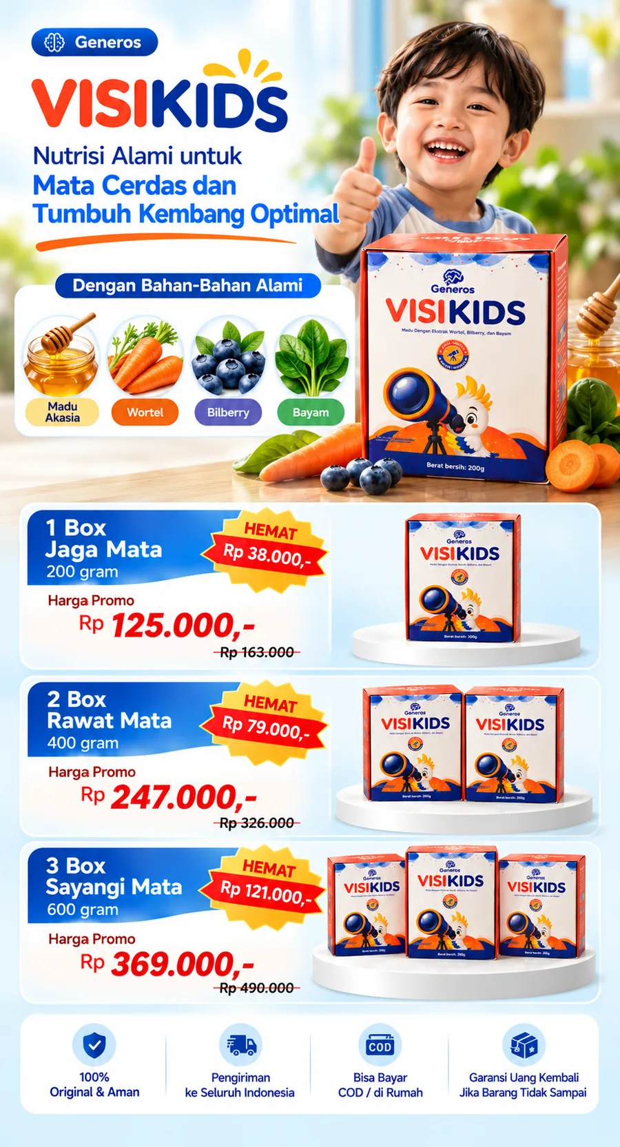 Harga promo Generos VisiKids: 1 box Jaga Mata 200 gram Rp 125.000, 2 box Rawat Mata 400 gram Rp 247.000, 3 box Sayangi Mata 600 gram Rp 369.000.